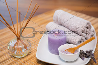 Spa objects on wooden table