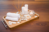 Spa objects on wooden floor