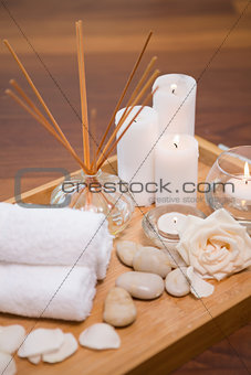 Spa objects on wooden floor