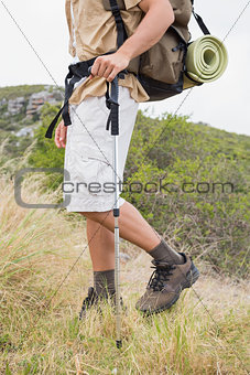Low section of hiking man walking on mountain terrain