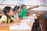Cute pupil raising hand in classroom