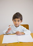 Pupil writing in notepad at his desk smiling at camera