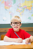 Cute pupil smiling at camera in classroom at his desk