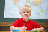 Cute pupil smiling at camera in classroom at his desk