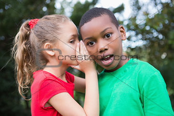 Cute children sharing gossip outside
