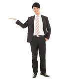 asian businessman with welcome and showing gesture