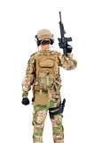  back view of soldier with rifle or sniper 