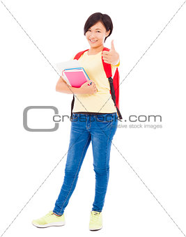 full length of  student girl standing and thumb up