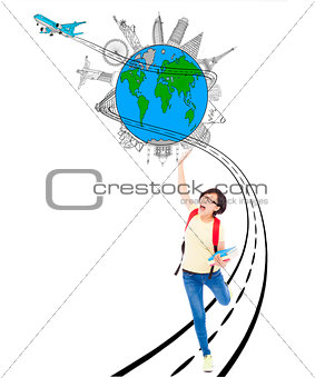 young student girl with  travel worldwide background