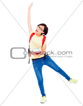 asian young student girl raising a hand with book