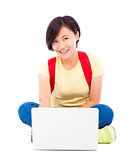 asian young student girl sitting on floor  with a laptop