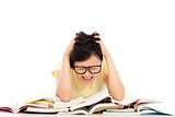 shouting and tired student girl with many book 