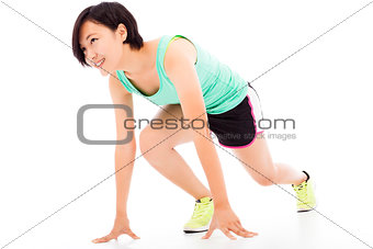 Healthy and fitness woman running over white background.