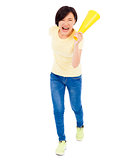 young student girl holding megaphone over white background