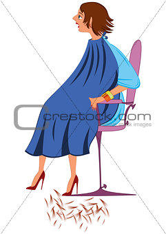 Cartoon  woman in blue robe with new haircut