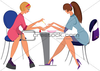 Cartoon  woman manicurist applying nail polish to the client