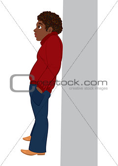 Cartoon black man in red sweater standing near the wall