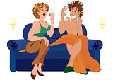 Cartoon couple drinking champagne cocktail sitting on blue couch