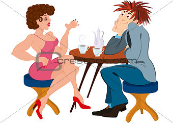 Cartoon couple sitting near the table and drinking coffee
