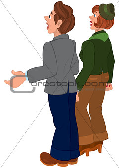 Cartoon couple standing and looking on something