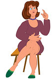 Cartoon fat woman in purple dress sitting on the stool