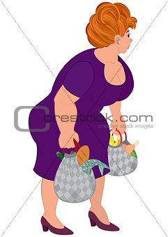 Cartoon fat woman in purple dress with groceries bags