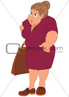 Cartoon fat woman in red dress and grocery bag