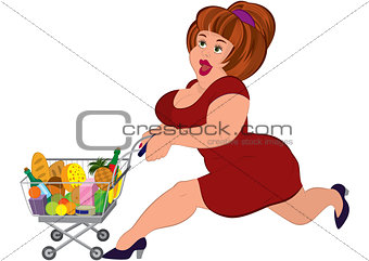 Cartoon fat woman in red dress running with grocery cart