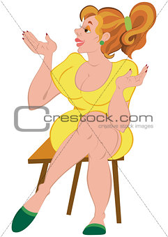 Cartoon girl in yellow dress and green slippers sitting