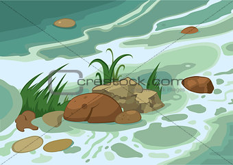 Cartoon grass stones and brook