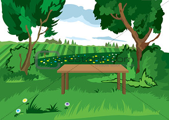 Cartoon grass trees and bench