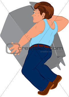 Cartoon man in blue pants and blue top holding furniture