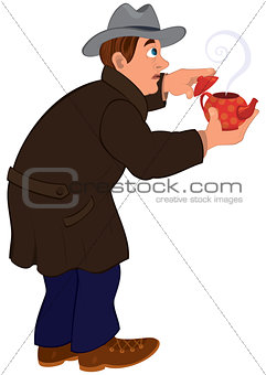 Cartoon man in brown coat and gray hat holding red tea pot