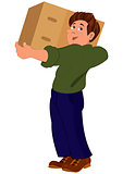 Cartoon man in green sweater holding big box