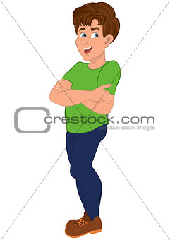 Cartoon man in green t-shirt and blue sweat pants