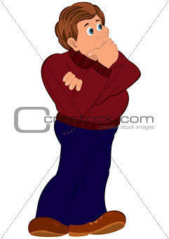 Cartoon man in red sweater touching his chin