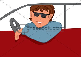 Cartoon man sunglasses in the car