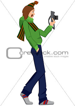 Cartoon man with photo camera walking