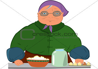 Cartoon old woman in purple hat