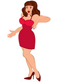 Cartoon sexy brunet woman in mini red dress