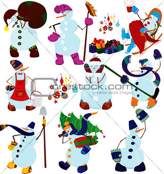 Cartoon snowman set and presents
