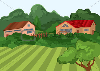 Cartoon village houses with green field and trees