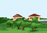 Cartoon village houses with green trees