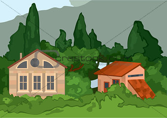 Cartoon village houses with trees