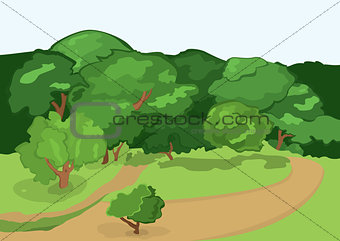 Cartoon village road and green trees
