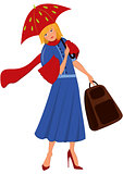 Cartoon woman in blue coat with red umbrella