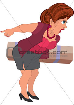 Cartoon woman in gray skirt with box