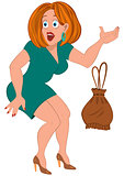 Cartoon woman in green dress and brown bag