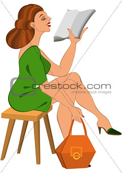 Cartoon woman in green dress and orange bag reading