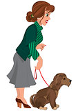Cartoon woman in green striped sweater and dog on the leash